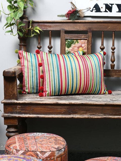 

AMOROSA Multicoloured Set of 2 Striped Rectangle Cushion Covers, Multi
