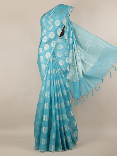 

Pothys Blue & Silver-Toned Cotton Blend Woven Design Saree