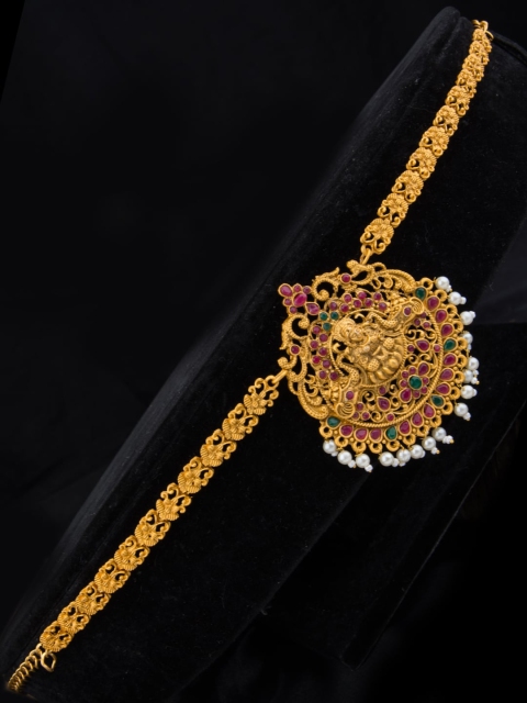 

Alankruthi Gold-Plated Pink & Green Stone-Studded Beaded Kamarbandh