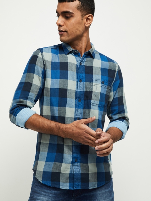 

max Men Blue & Grey Slim Fit Checked Cotton Casual Shirt