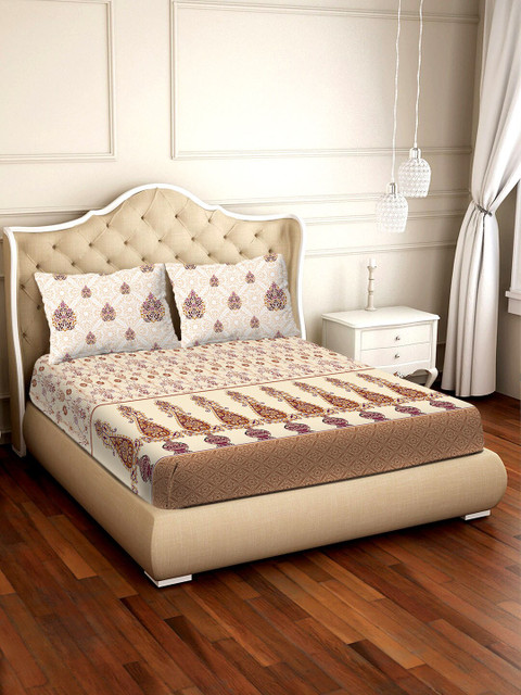 

BELLA CASA Brown & Beige Ethnic Motifs 300 TC Cotton 1 King Bedsheet with 2 Pillow Covers