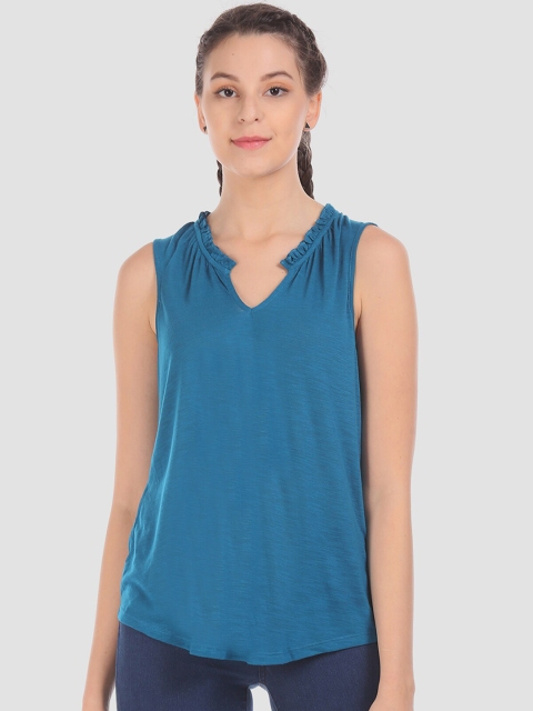 

GAP Women Teal Blue Ruffle Split-Neck Solid Top