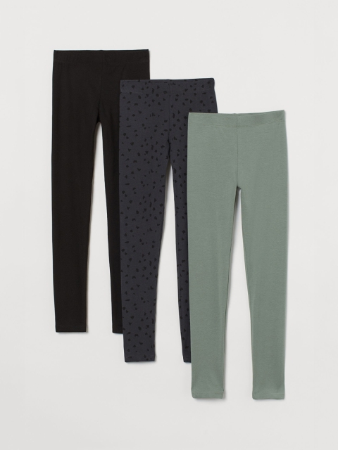 

H&M Girls 3-Pack Cotton Sustainable Leggings, Grey