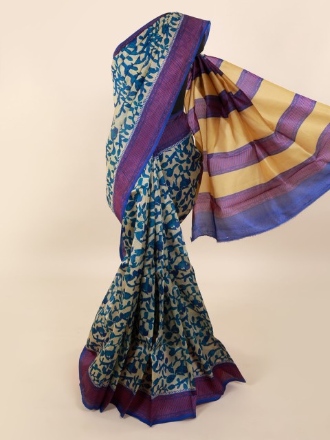 

Pothys Cream-Coloured & Blue Pure Silk Printed Saree