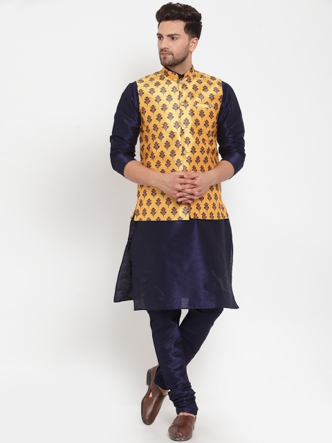 

GRACIT Men Navy Blue & Yellow Solid Kurta with Churidar & Nehru Jacket