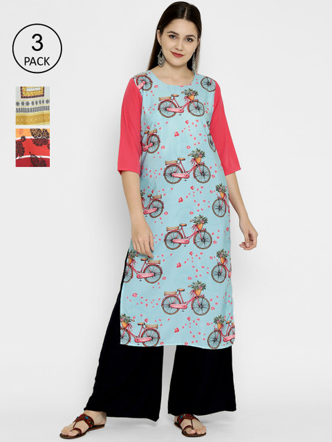 

7Threads Multicoloured Pack of 3 Geometric Printed Crepe Kurta, Multi