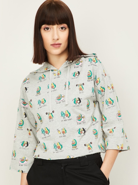 

Ginger by Lifestyle Women Grey Printed Hooded Crop Sweatshirt