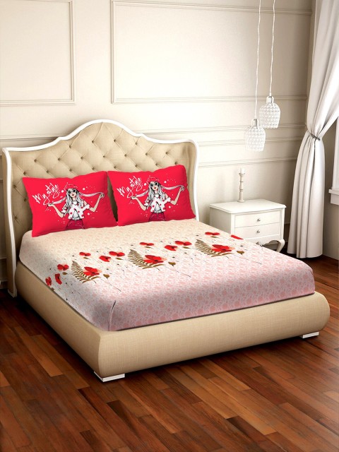 

BELLA CASA Red & Beige Floral 300 TC Cotton 1 King Bedsheet with 2 Pillow Covers