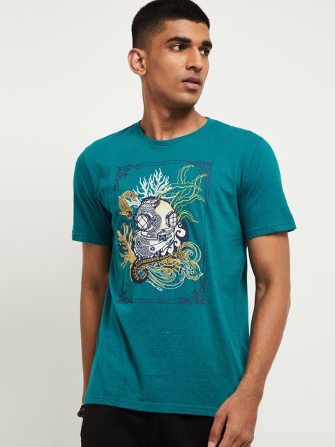 

max Men Teal Blue Printed Round Neck T-shirt