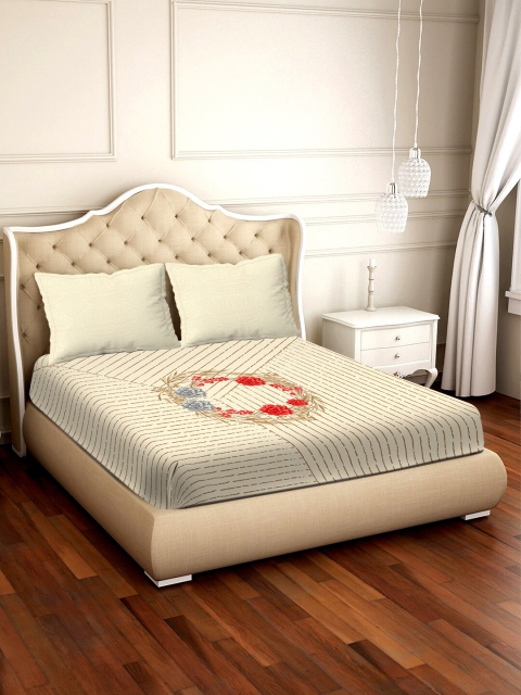 

BELLA CASA Beige & Red Floral 300 TC Cotton 1 King Bedsheet with 2 Pillow Covers