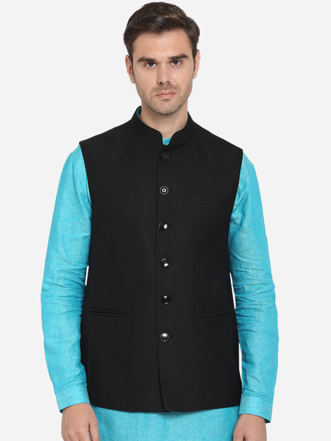 

MODI JACKET Men Black Woven-Design Nehru Jacket