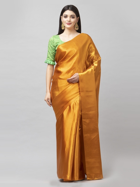 

Satrani Mustard Solid Satin Saree
