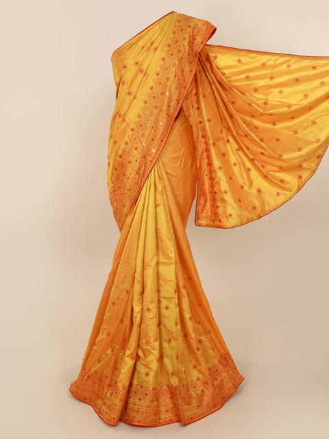 

Pothys Mustard Yellow Embroidered Art Silk Saree