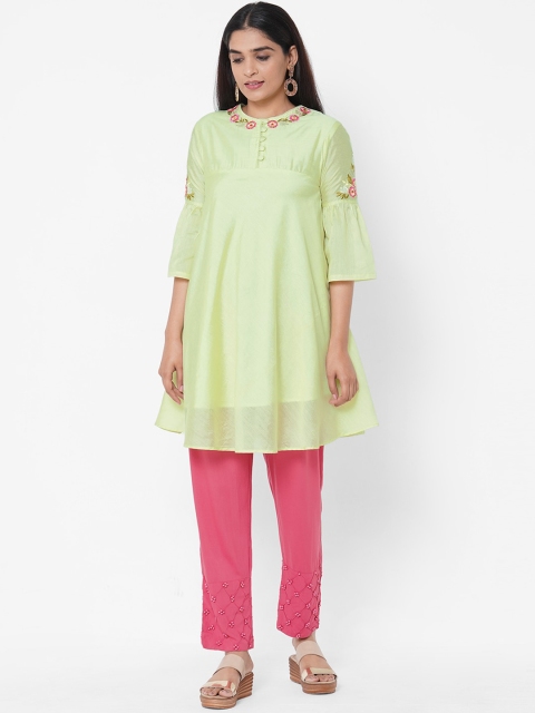 

FASHOR Women Lime Green & Pink Solid A-Line Kurti