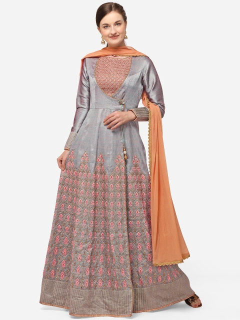 

NAKKASHI Grey & Peach-Coloured Art Silk Semi-Stitched Dress Material