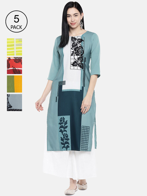 

7Threads Women Pack of 5 Multicoloured Ethnic Motifs Kurtas, Multi