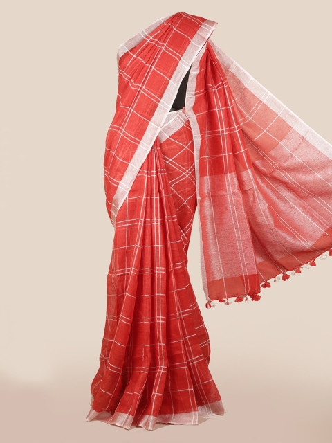 

Pothys Red & Silver-Toned Linen Blend Checked Saree