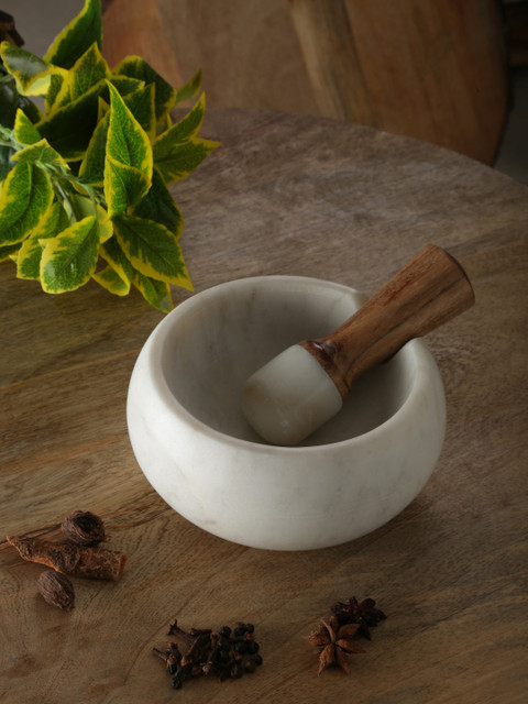 

Amoliconcepts White & Brown Marble Mortar & Pestle with Wooden Handle