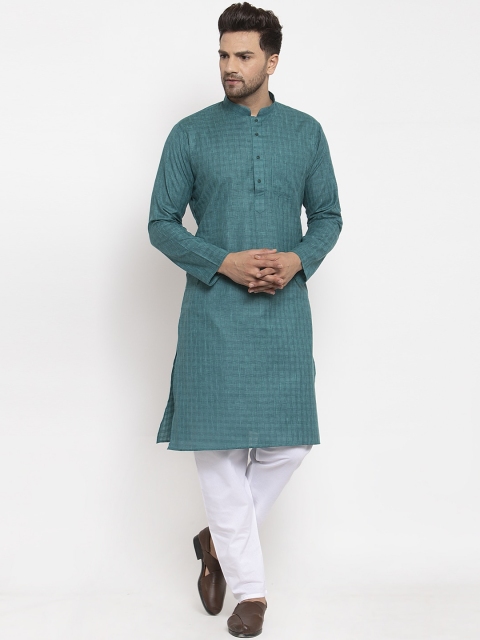 

GRACIT Men Teal Blue & White Checked Kurta with Churidar, Green