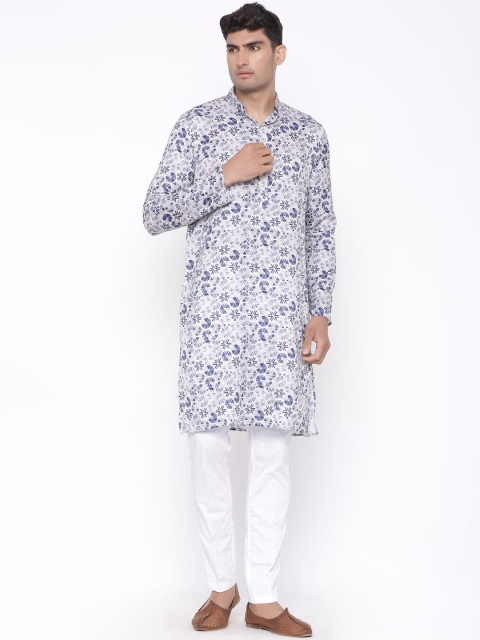 

Tistabene White & Navy Blue Geometric Printed Mandarin Collar Regular Sleeves Kurta