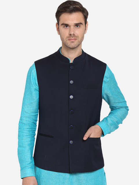 

Greenfibre Men Navy Solid Terry Rayon Nehru Jacket, Navy blue
