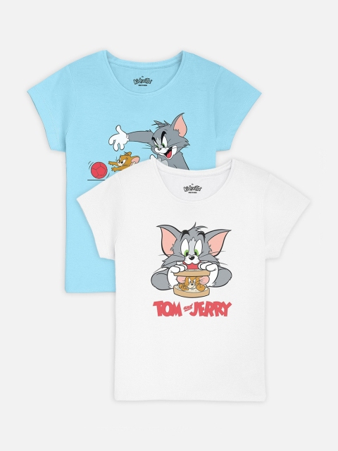 

Kids Ville Girls Pack Of 2 Tom Jerry Printed Round Neck Pure Cotton T-shirts, White