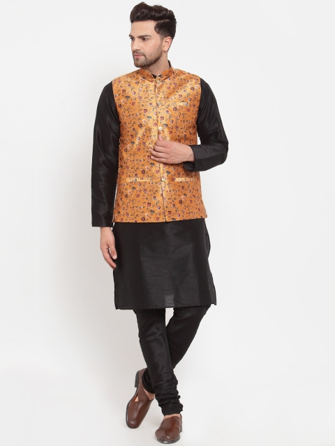 

GRACIT Men Black & Mustard Yellow Solid Kurta with Churidar & Nehru Jacket