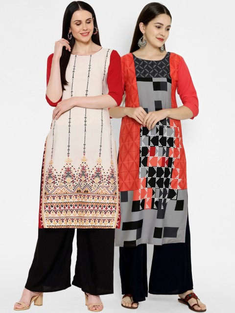 

7Threads Pack Of 2 Printed Crepe Boat Neck Regular Sleeves Kurtas, Beige