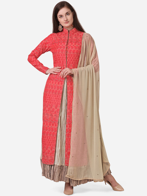 

NAKKASHI Coral & Beige Tussar Silk Semi-Stitched Dress Material