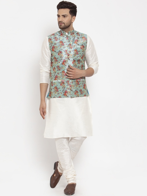 

GRACIT Men Off-White & Blue Solid Kurta with Churidar & Nehru Jacket