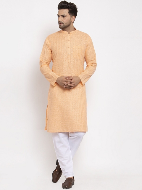 

GRACIT Men Peach-Coloured & White Solid Kurta with Pyjamas