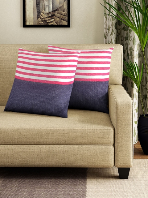 

NEUDIS Red & Blue Set of 2 Striped Square Cushion Covers