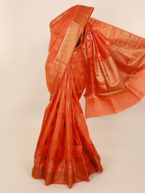

Pothys Orange & Gold-Toned Pure Silk Woven Design Saree With Zari Border