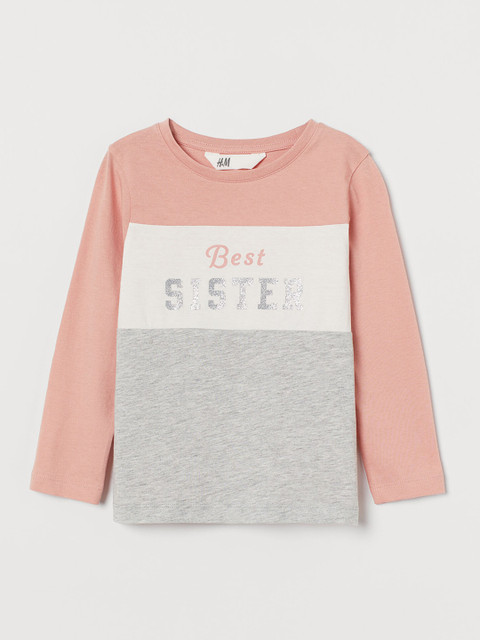 

H&M Girls Pink & Grey Colourblocked Cotton sibling top