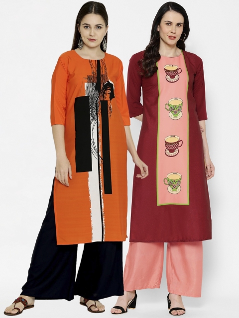 

7Threads Pack Of 2 Printed Crepe Kurta, Orange