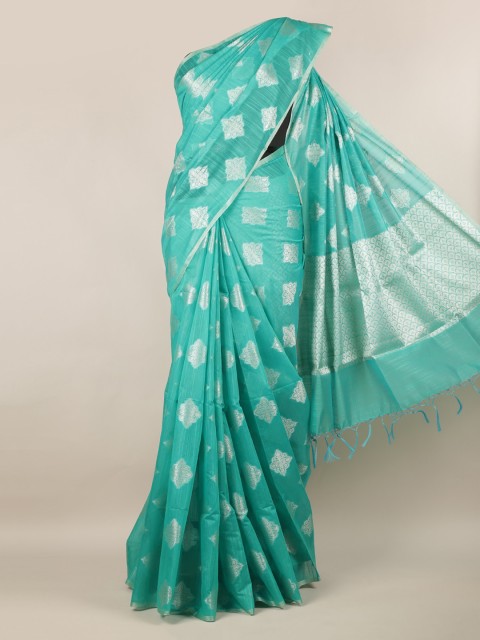 

Pothys Sea Green & Silver-Coloured Cotton Blend Woven Design Saree