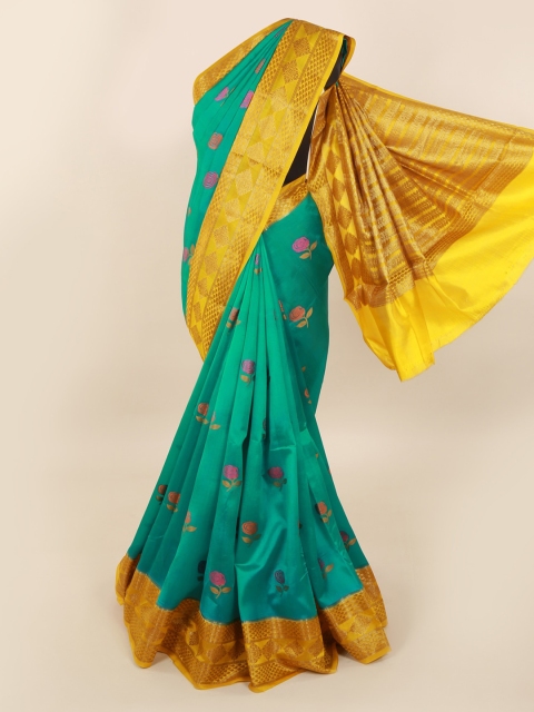 

Pothys Green & Gold-Toned Pure Silk Printed Saree With Zari Border