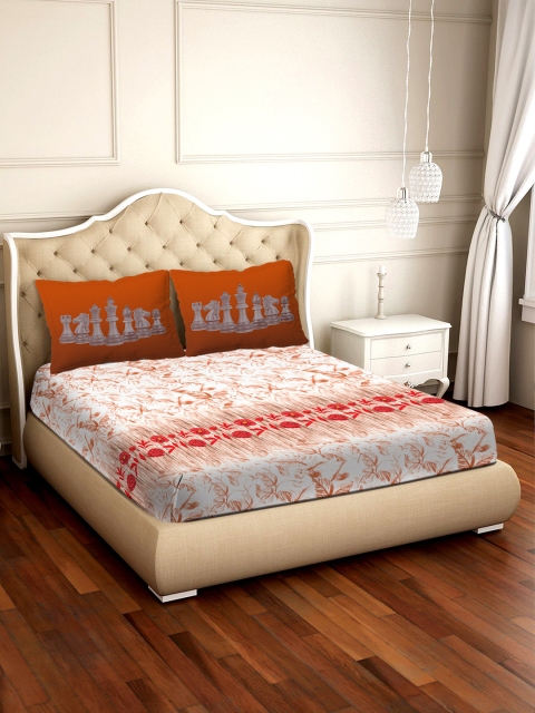 

BELLA CASA Brown & Beige Floral 300 TC Cotton 1 King Bedsheet with 2 Pillow Covers