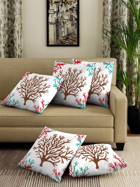 

NEUDIS White & Brown Set of 5 Floral Square Cushion Covers