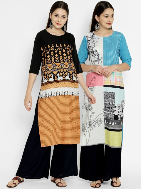 

7Threads Women Multicoloured Floral Printed Crepe Kurta Pack of 2, Multi