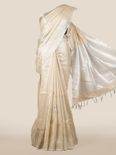 

Pothys Cream-Coloured Embroidered Linen Blend Saree