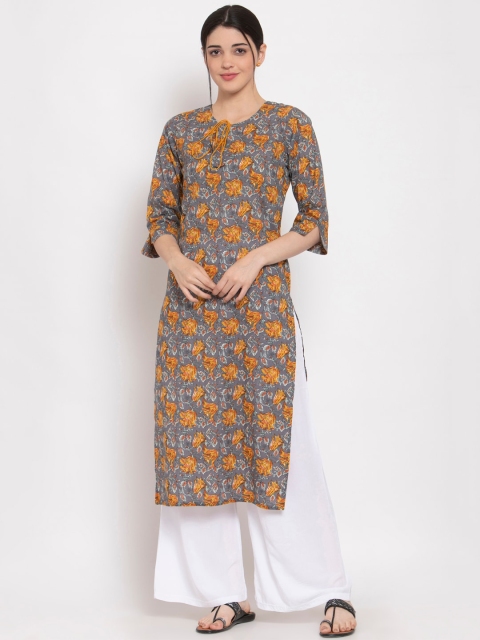 

ALC Creations Grey & Mustard Yellow Floral Printed Keyhole Neck Kurta