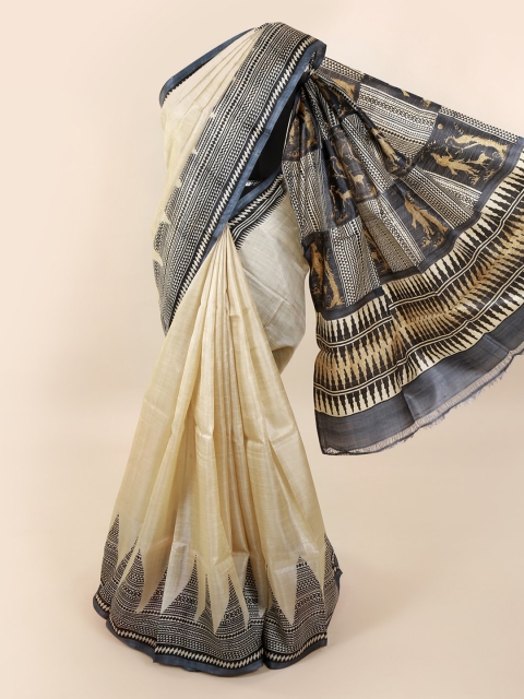 

Pothys Cream-Coloured & Grey Pure Silk Colourblocked Saree