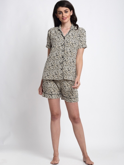 

NEUDIS Women Beige & Black Printed Night suit