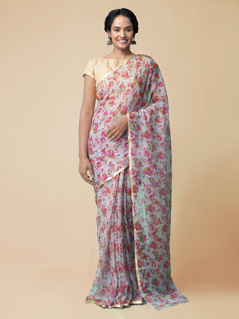 

Unnati Silks Grey & Pink Pure Chiffon Printed Patola Saree