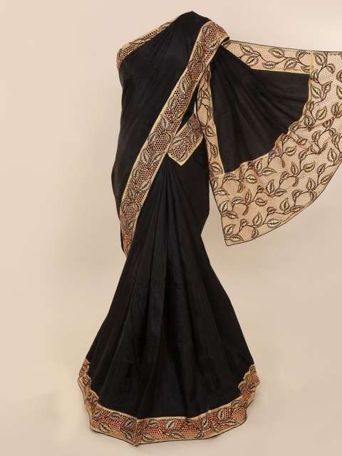 

Pothys Black & Beige Art Silk Solid Saree With Embroidered Border