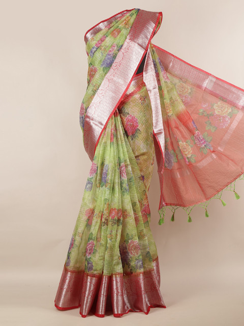 

Pothys Green & Red Tissue Printed Saree
