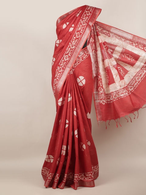 

Pothys Red & Gold-Coloured Linen Blend Printed Saree
