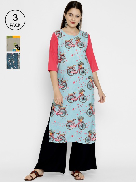 

7Threads Women Pack Of 3 Multicoloured Quirky Printed Crepe Kurtas, Multi