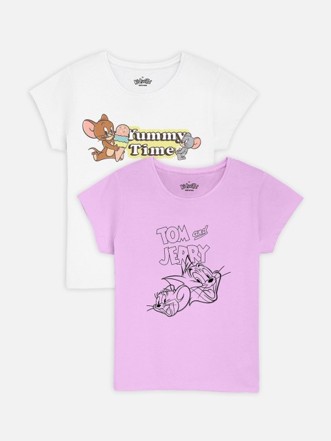 

Kids Ville Girls Pack Of 2 Tom & Jerry Printed Round Neck T-shirts, Purple